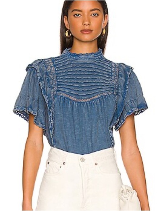 Free People Tops - Free People Le Femme Ruffled Crochet Top Blue Boho Medium